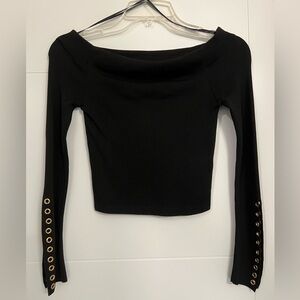 Topshop Black Off-Shoulder Stretchy Long Sleeve Top with Grommet Detail